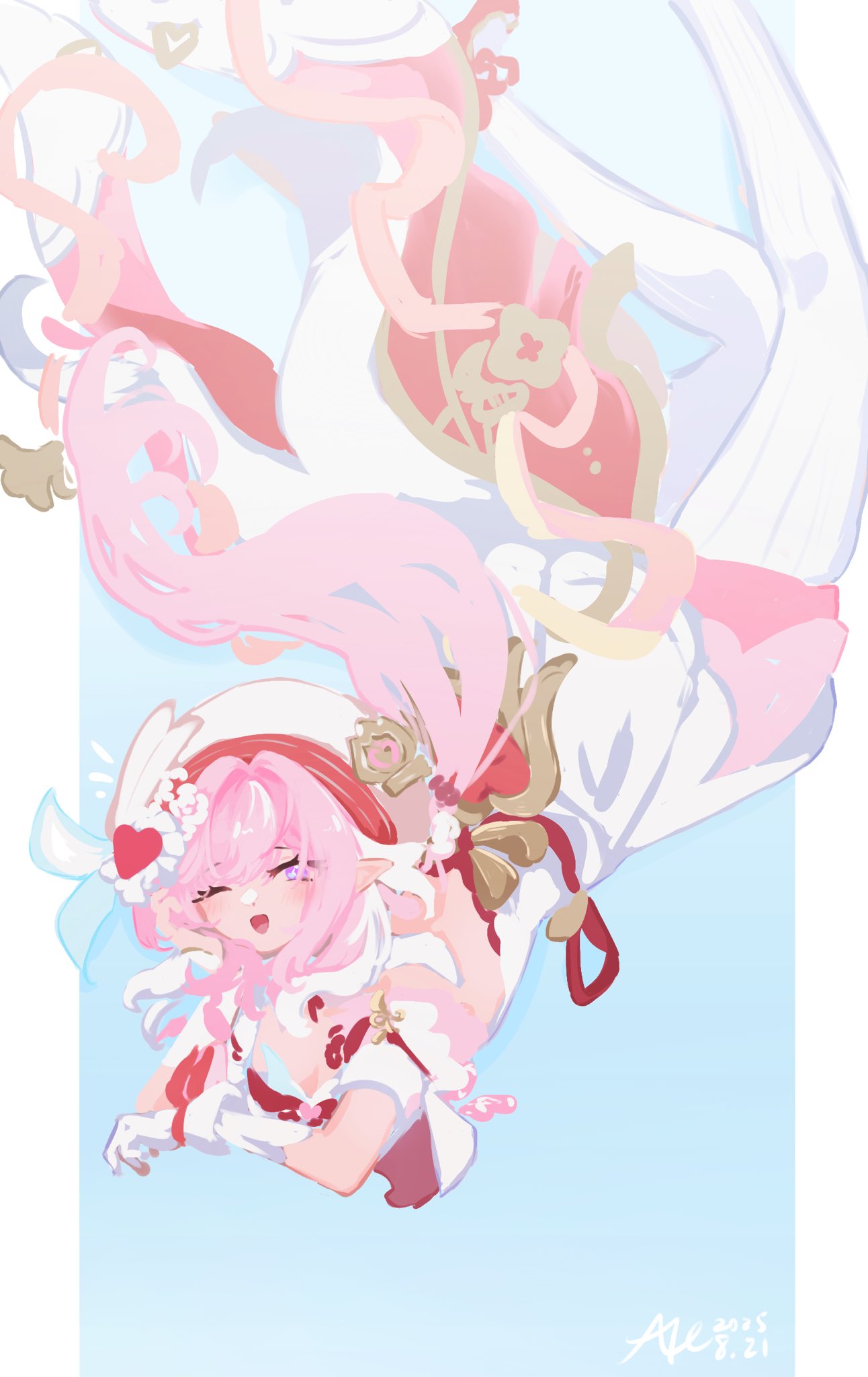 15 chya, elysia (honkai impact), honkai (series), honkai impact 3rd, chinese commentary, commentary request, highres, 1girl, :o, blue background, border, breasts, cleavage, dress, floating hair, hat, large breasts, long hair, multicolored hair, pink hair, purple eyes, solo, two-tone hair, very long hair, white border, white dress, white hair, white hat
