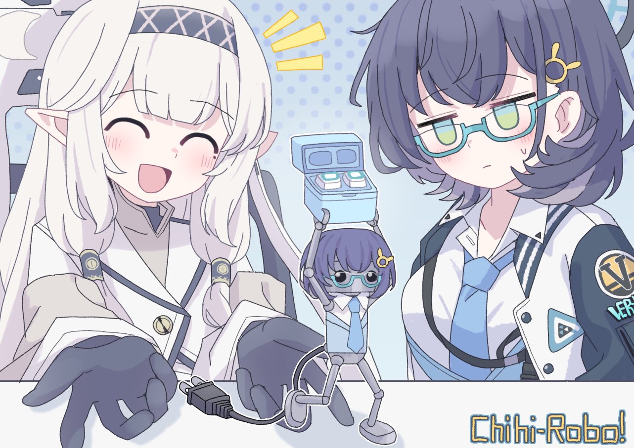 tkugane, chihiro (blue archive), himari (blue archive), blue archive, chibi-robo!, commentary request, 2girls, :d, ^ ^, black gloves, black hairband, blue background, blue hair, blue jacket, blue necktie, blue sweater vest, blush, breasts, closed eyes, closed mouth, collared shirt, frown, gloves, green eyes, hair ornament, hairband, holding, humanoid robot, jacket, jitome, large breasts, low twintails, medium hair, multicolored jacket, multiple girls, necktie, notice lines, open clothes, open jacket, open mouth, pointy ears, powered wheelchair, rabbit hair ornament, robot, shirt, smile, sweatdrop, sweater vest, twintails, two-tone jacket, wheelchair, white hair, white jacket, white shirt, wireless earphones
