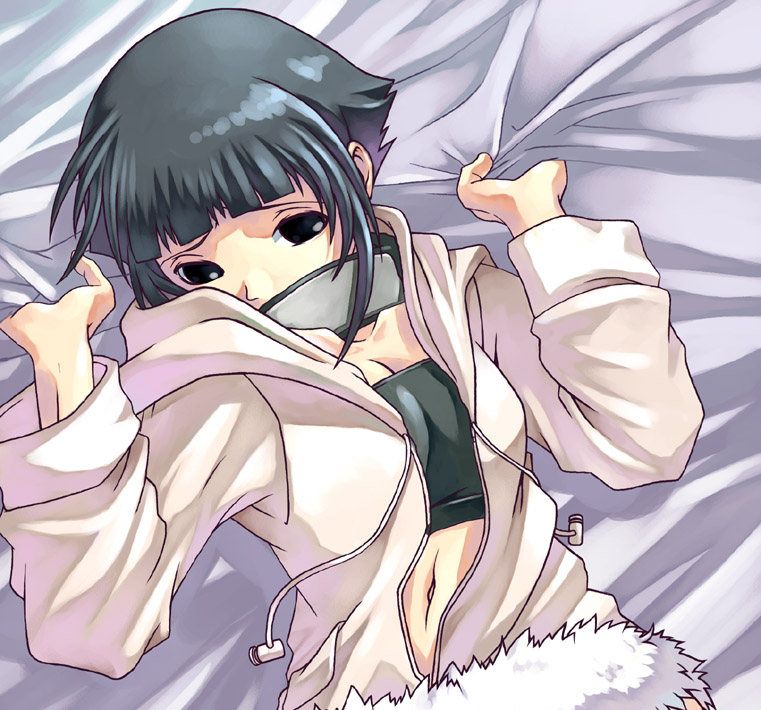 tasaka shinnosuke, hyuuga hinata, naruto (classic), naruto (series), 1girl, bed, bed sheet, black eyes, black hair, breasts, cleavage, female focus, forehead protector, from above, lying, navel, on back, open clothes, open shirt, sheet grab, shirt, short hair, solo