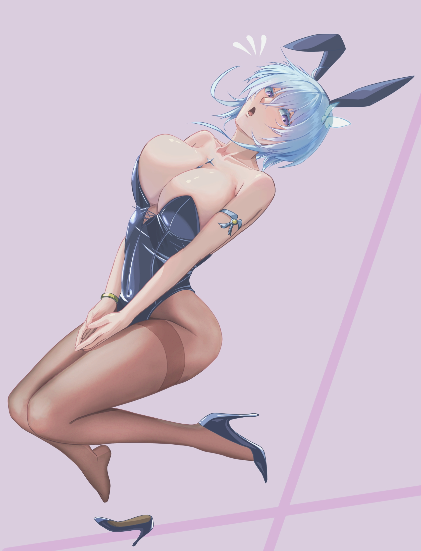 shorekeeper (wuthering waves), wuthering waves, highres, 1girl, alternate costume, animal ears, bare shoulders, black leotard, black pantyhose, black shoes, blue hair, blush, border, breasts, collarbone, colored eyelashes, embarrassed, fake animal ears, hair between eyes, hair ornament, large breasts, leotard, long hair, looking at viewer, newkurou, open mouth, pantyhose, playboy bunny, purple eyes, rabbit ears, shoes, solo, strapless, strapless leotard
