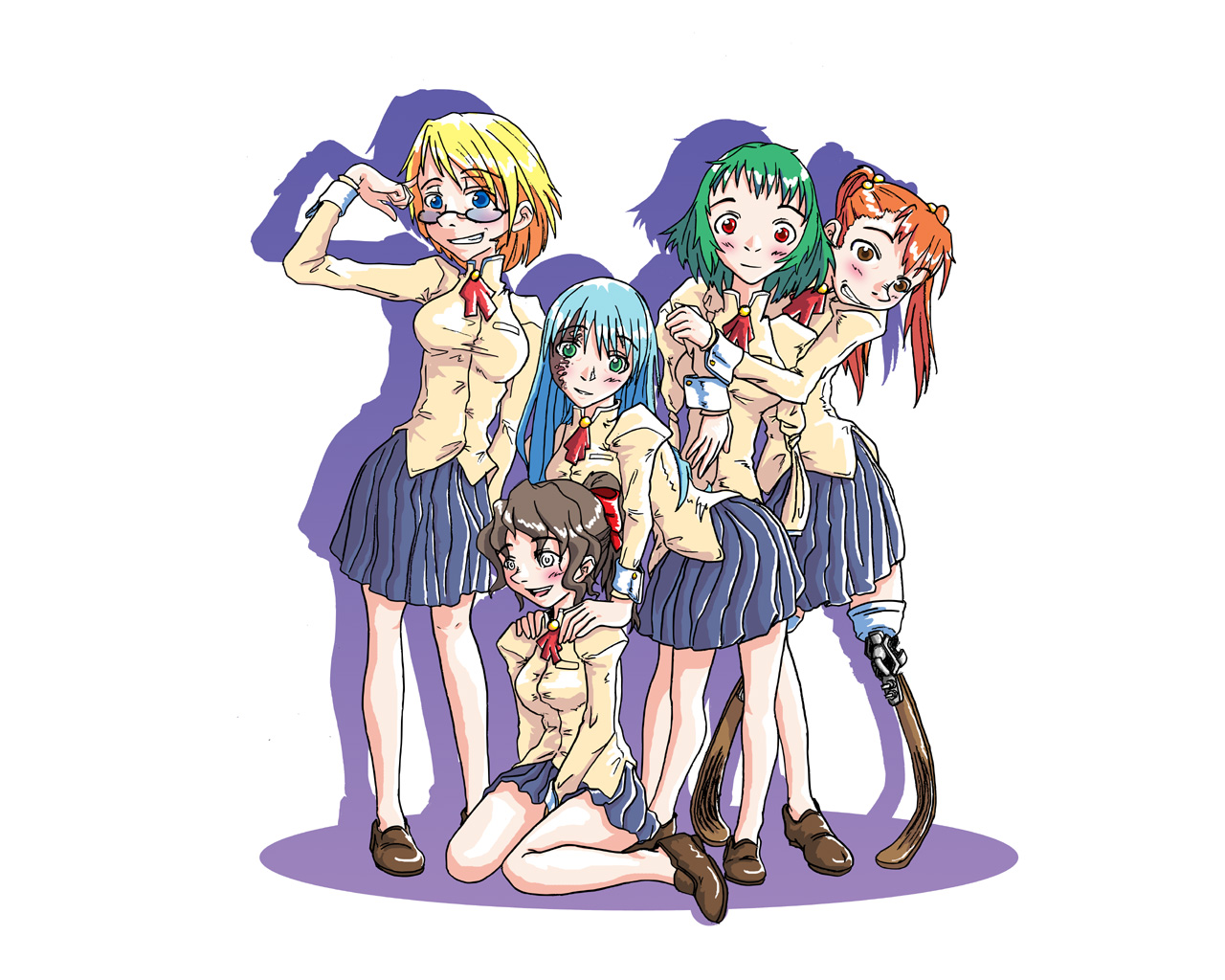 hakamichi shizune, ibarazaki emi, ikezawa hanako, satou lilly, tezuka rin, katawa shoujo, concept art, 10s, 5girls, amputee, armless amputee, bad anatomy, blind, disability girls, double amputee, multiple girls, poorly drawn, prosthesis, quality, school uniform, serafuku