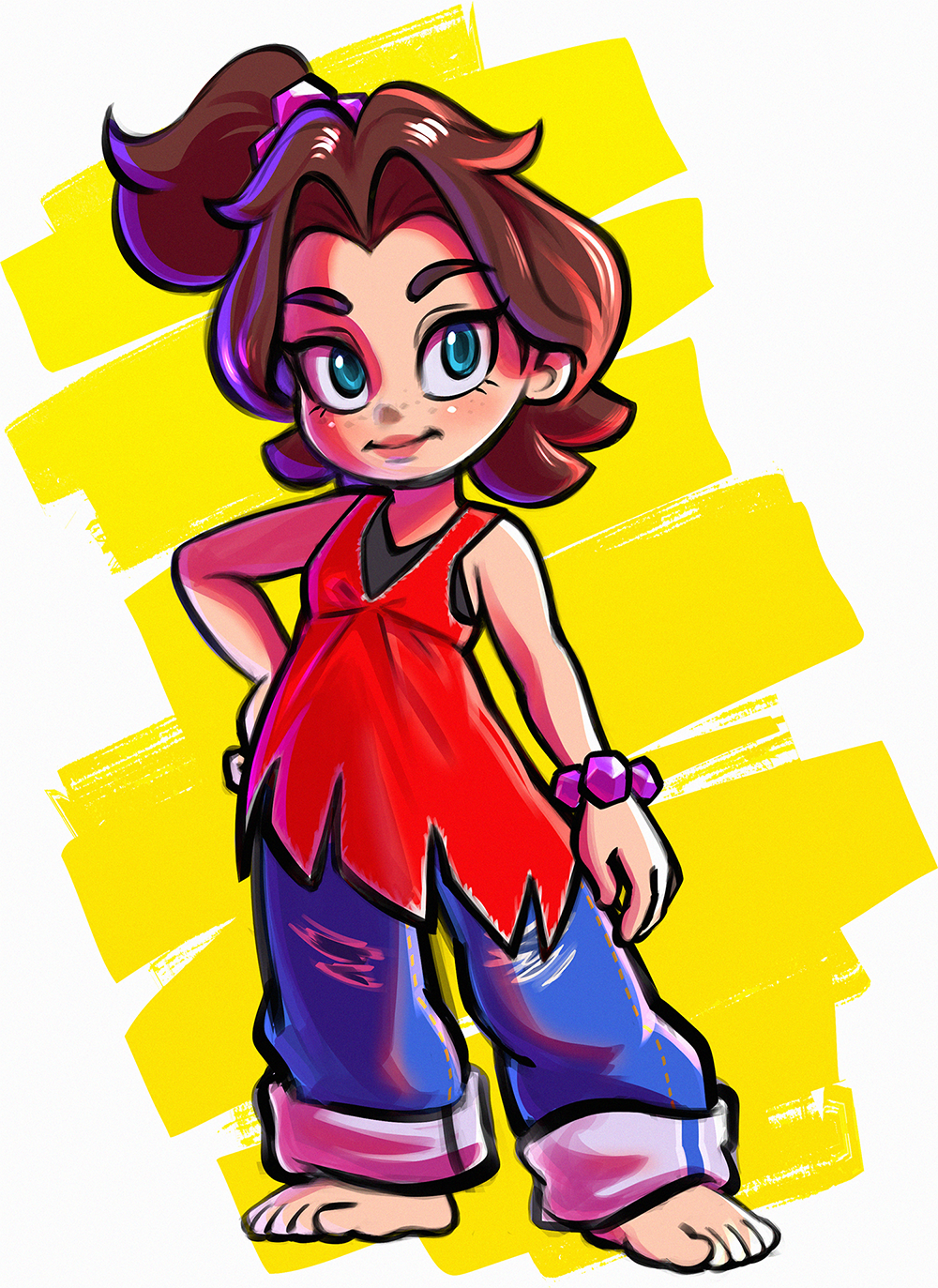 pauline (mario), pauline (young) (mario), donkey kong (series), donkey kong bananza, nintendo, artist request, highres, 1girl, aged down, arm at side, armpit crease, baggy pants, bare shoulders, barefoot, blue eyes, bracelet, brown hair, curtained hair, denim, eyelashes, feet, female focus, flat chest, freckles, full body, hair intakes, hair ornament, hand on own hip, jeans, jewelry, lips, looking at viewer, medium hair, neck, pants, pants rolled up, parted bangs, red shirt, shiny skin, shirt, side ponytail, sidelocks, sleeveless, sleeveless shirt, smile, standing, thick eyebrows, toes, topknot, torn clothes, torn pants, undershirt, v-neck