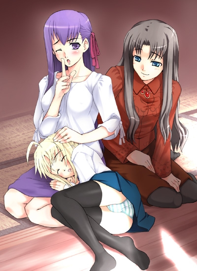 inuga anahoru, artoria pendragon (fate), matou sakura, saber (fate), tohsaka rin, fate/stay night, fate (series), black legwear, bad id, bad pixiv id, 00s, 3girls, ass, blonde hair, blue panties, closed eyes, legs, long legs, long sleeves, lying, miniskirt, multiple girls, on side, panties, pantyshot, shirt, skirt, sleeping, striped clothes, striped panties, thighhighs, turtleneck, underwear