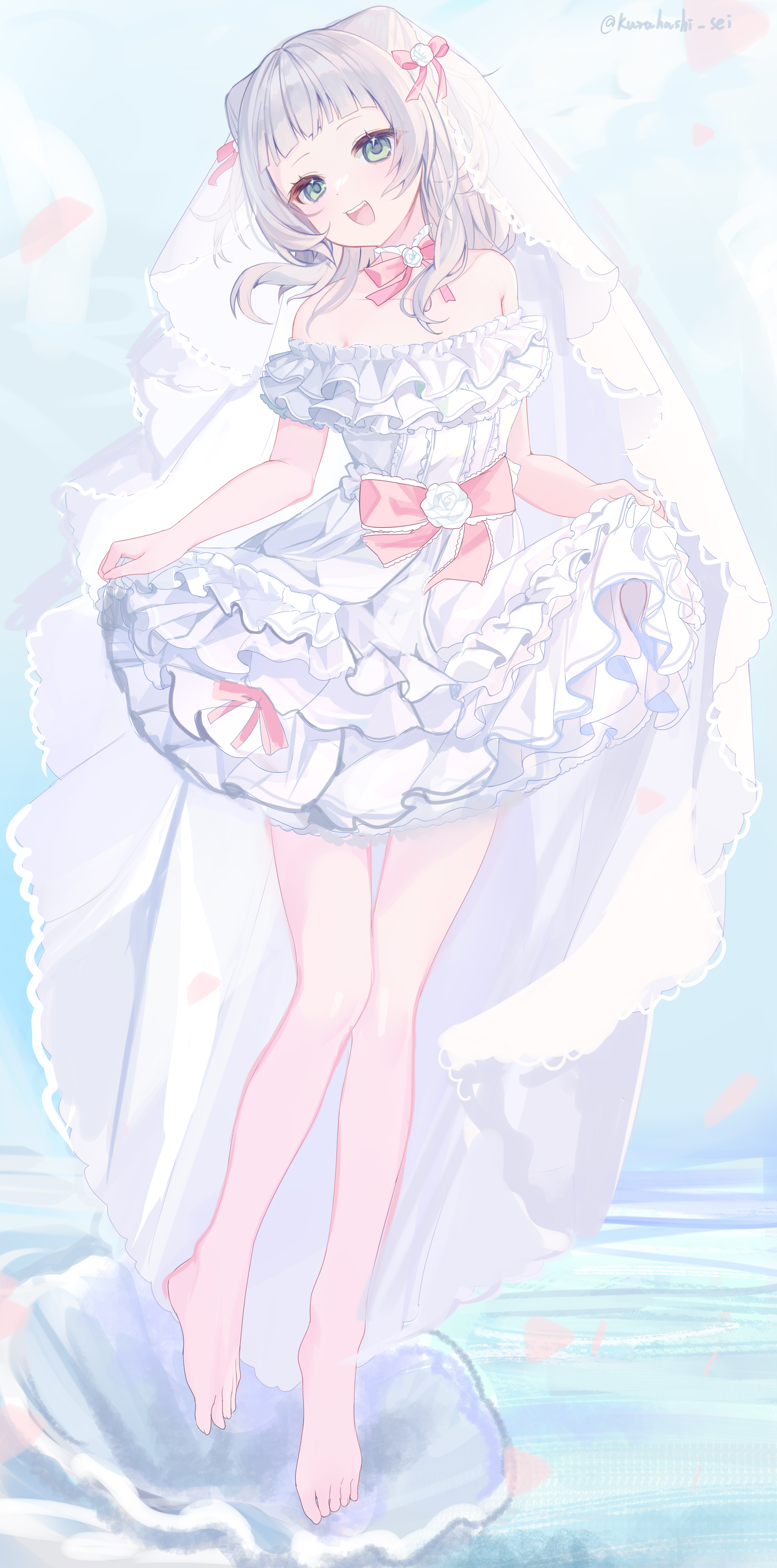 kashiwagi mia, ongeki, absurdres, highres, :d, bare legs, bare shoulders, barefoot, bow, bowtie, breasts, clothes lift, cone hair bun, detached collar, double bun, dress, dress lift, flower, frilled dress, frills, full body, green eyes, hair bun, hime cut, kurahashi sei, medium breasts, medium hair, open mouth, pink bow, pink bowtie, pink ribbon, ribbon, sleeveless, smile, veins, wedding dress, white dress, white flower, white hair