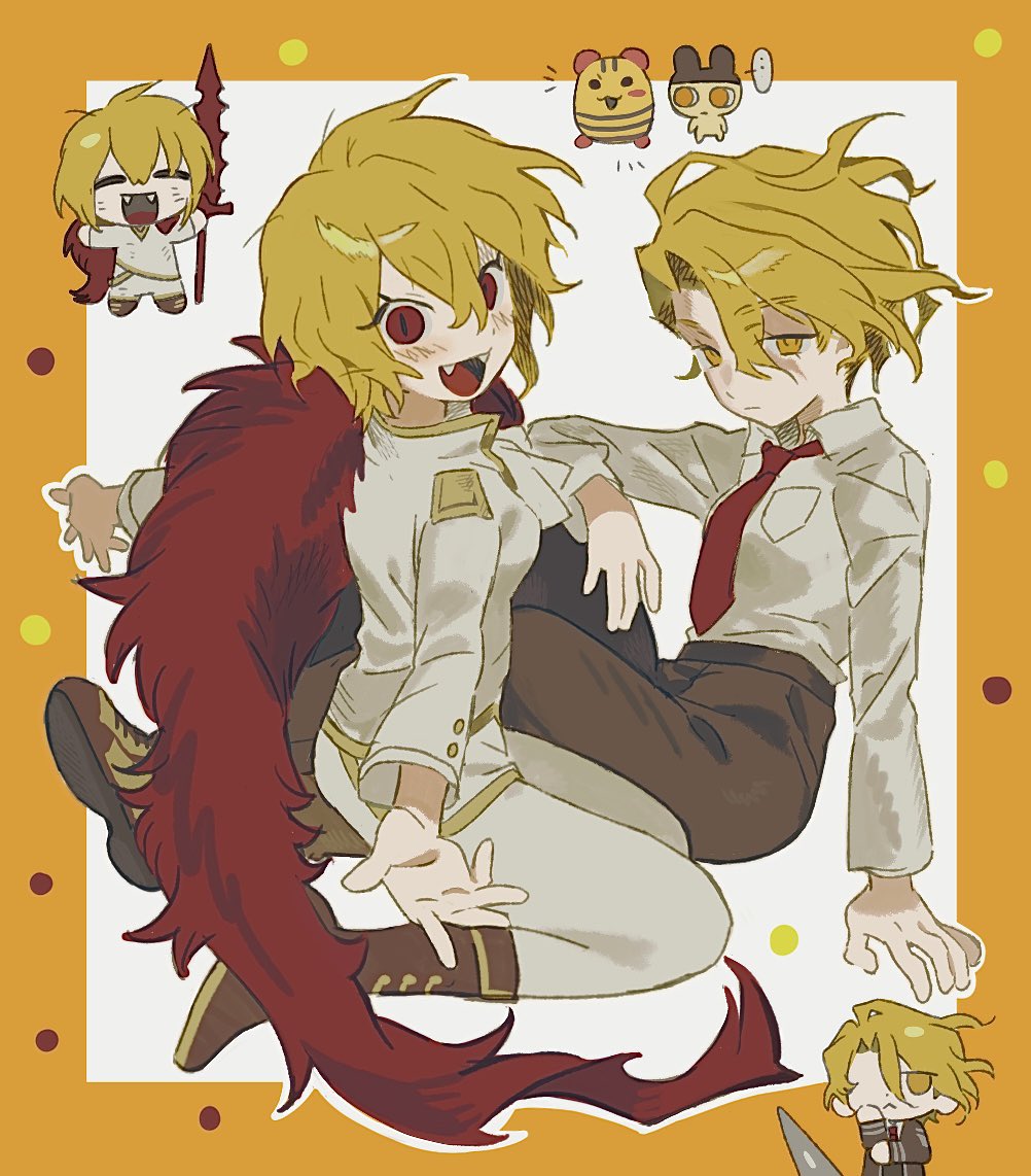 don quixote (project moon), sancho (project moon), limbus company, project moon, tamagotchi, 2girls, :<, ^ ^, arm on knee, asymmetrical hair, black coat, blonde hair, boots, border, breast pocket, brown boots, brown pants, buttons, cape, chibi, closed eyes, closed mouth, coat, collared jacket, collared shirt, dress pants, dual persona, expressionless, eyelashes, fangs, fur cape, hair between eyes, hand on own cheek, hand on own elbow, hand on own face, high-waist pants, high collar, jacket, knee up, kneeling, lance, lcb uniform (project moon), long sleeves, messy hair, multiple girls, multiple views, necktie, offering hand, one-eyed, open clothes, open coat, open mouth, orange border, outline, outside border, pants, personality switch, pocket, polearm, red cape, red eyes, red necktie, shirt, short hair, sitting, smile, tamagotchi (virtual pet), thinking, virtual pet (toy), weapon, white background, white jacket, white outline, white pants, white shirt, yellow eyes, yuriyaki003