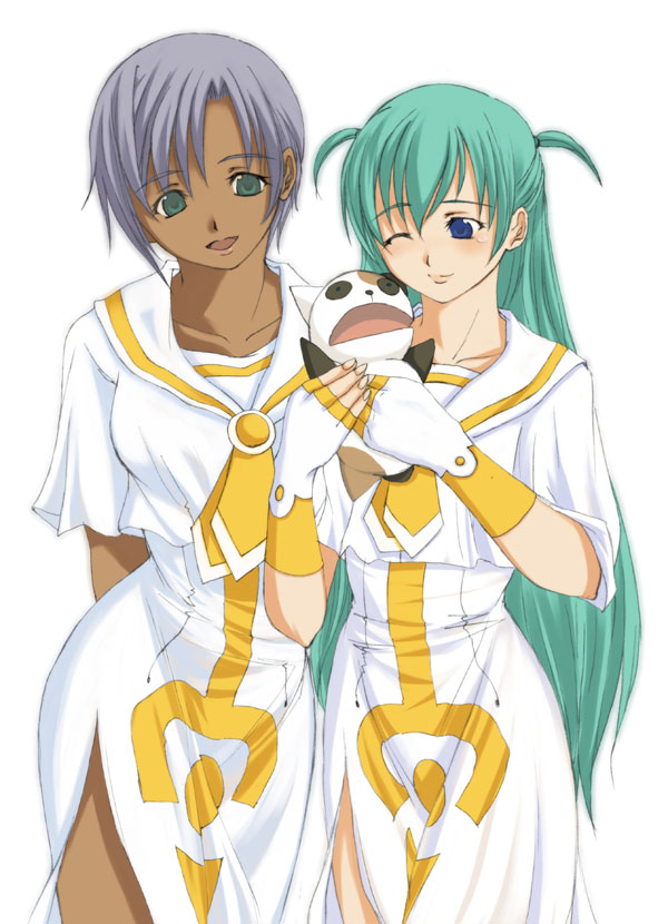 alice carroll, athena glory, president maa, aria (manga), uniform, 00s, 2girls, animal, blue eyes, cat, dark-skinned female, dark skin, fingerless gloves, gloves, green eyes, green hair, holding, holding animal, holding cat, long hair, looking at another, multiple girls, one eye closed, simple background, white background