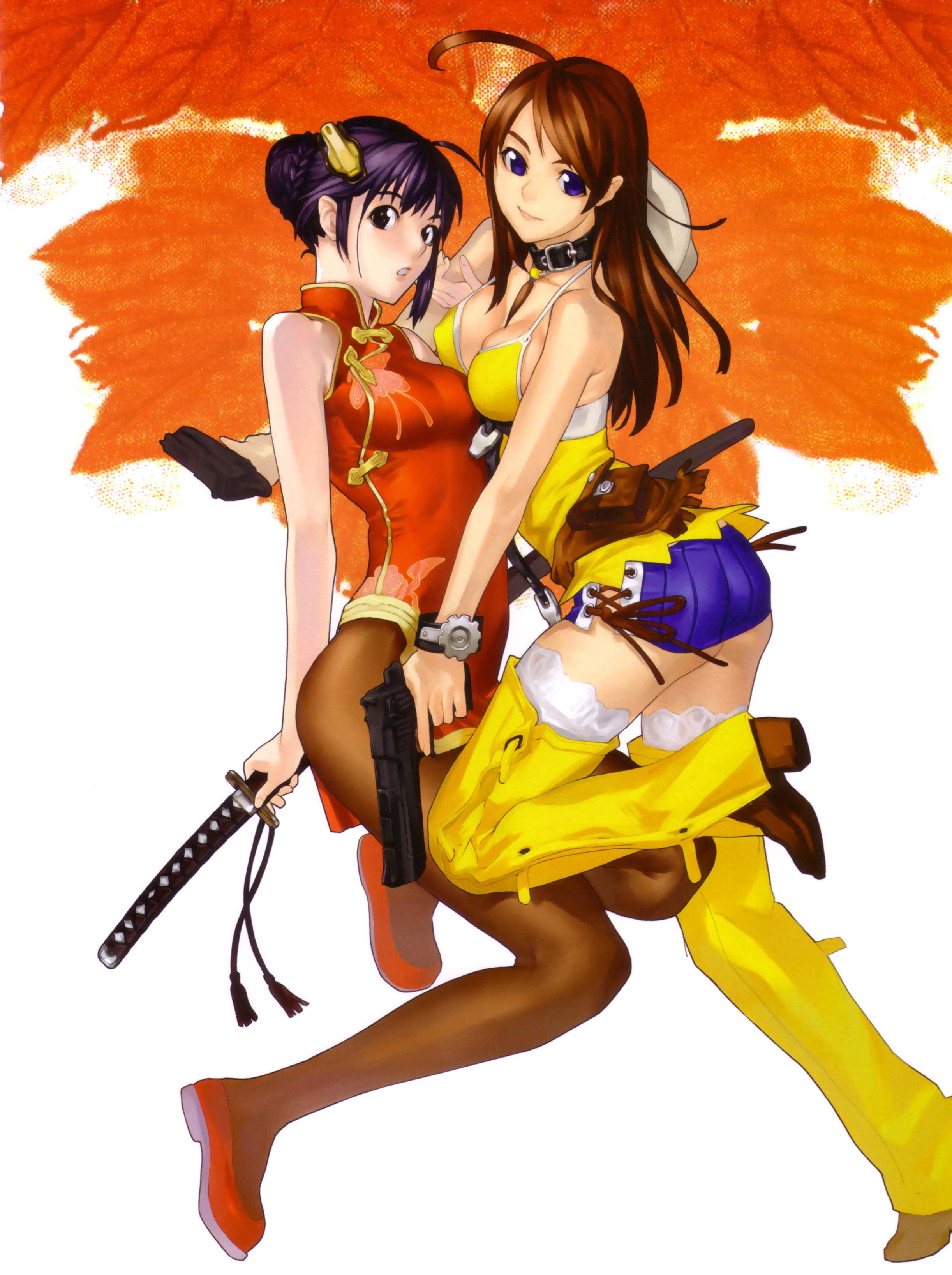 hakua ugetsu, meg (bakuretsu tenshi), bakuretsu tenshi, brown legwear, absurdres, highres, 00s, 2girls, breasts, cleavage, desert eagle, dual wielding, fringe trim, gun, handgun, hands on own hips, holding, multiple girls, pantyhose, pistol, semi-automatic pistol, sword, weapon