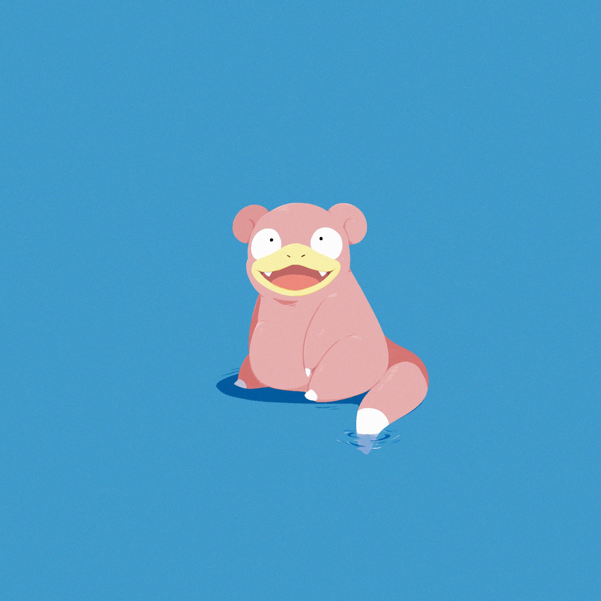afuron, slowpoke, nintendo, pokemon, commentary request, highres, :d, black eyes, fangs, gen 1 pokemon, happy, looking at viewer, no humans, open mouth, pokemon (creature), pokemon focus, ripples, sitting, smile, solo