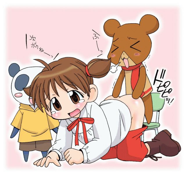 issa, kenta, matsuzaki ami, animal yokochou, artist request, 00s, 1boy, 1girl, ahoge, blush, breath, brown eyes, brown hair, chair, clothes pull, doggystyle, furry, furry male, furry with non-furry, hetero, interspecies, loli, pants, pants pull, scarf, sex, sex from behind, shirt, short hair, solo focus, standing, tears, two side up, vaginal, white shirt
