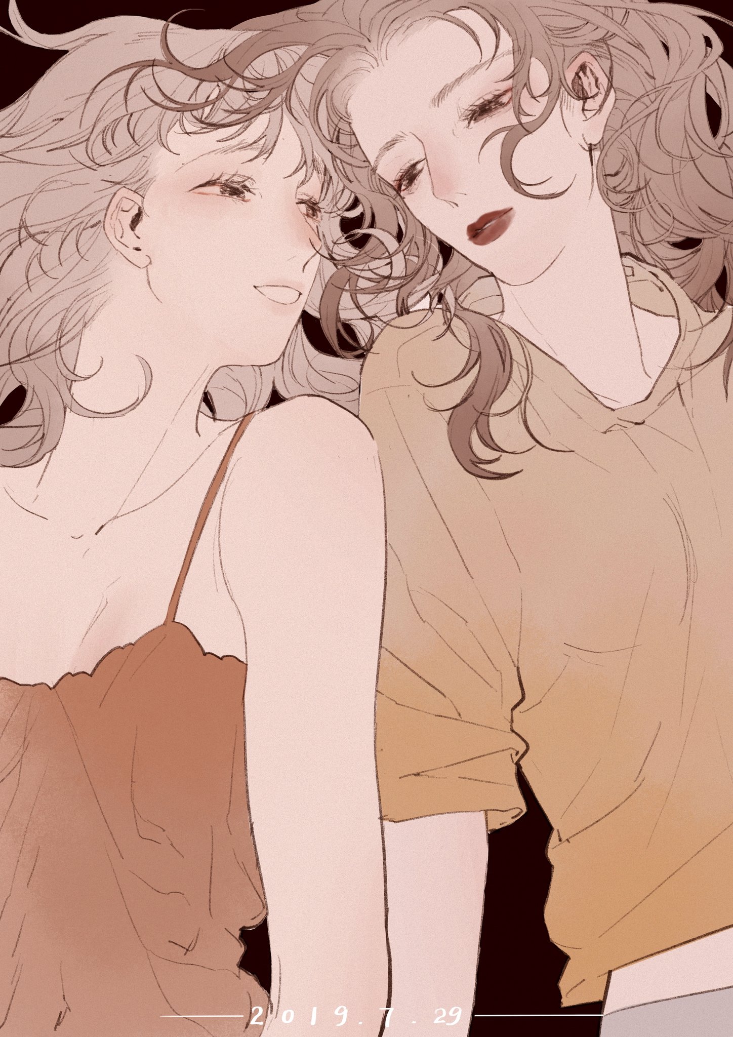 original, chinese commentary, commentary request, highres, 2girls, black background, brown hair, closed mouth, collarbone, dated, eyelashes, grin, looking at another, lying, medium hair, messy hair, multiple girls, nihao hao hao jun, on back, orange shirt, red lips, red shirt, shirt, short sleeves, sleeveless, sleeveless shirt, smile, upper body, yuri