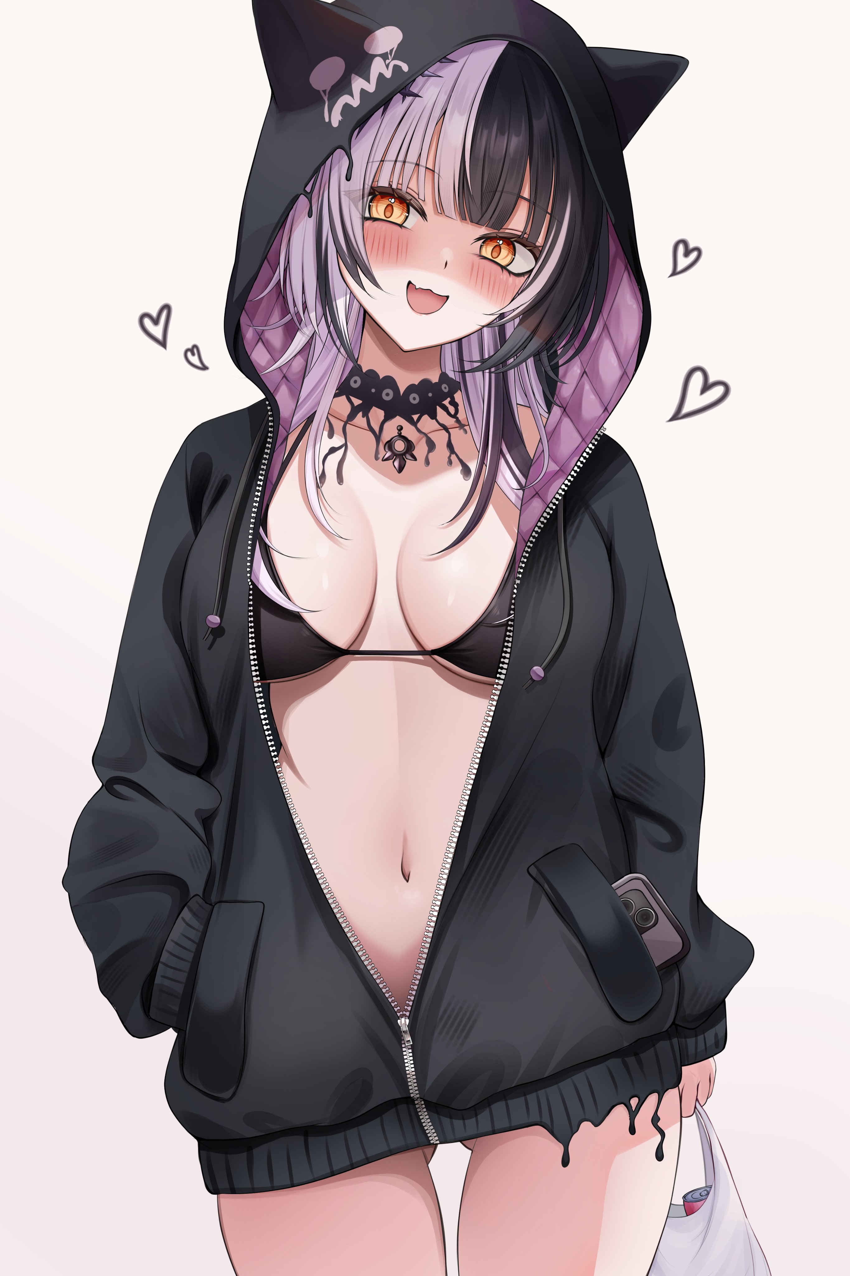 7nopi, shiori novella, hololive, hololive english, absurdres, hashtag-only commentary, highres, 1girl, :3, alternate costume, animal hood, bag, bikini, black bikini, black hair, black jacket, blunt bangs, blush, breasts, breasts apart, coat, collared shirt, cowboy shot, detached collar, drawstring, fang, gluteal fold, grey hair, hand in pocket, heart, holding, holding bag, hood, hood up, hooded jacket, jacket, large breasts, long sleeves, looking at viewer, medium hair, multicolored hair, navel, no pants, open mouth, partially unzipped, phone in pocket, plastic bag, quilted jacket, shirt, simple background, skin fang, smile, solo, split-color hair, straight-on, swimsuit, thigh gap, two-sided coat, two-sided fabric, virtual youtuber, yellow eyes, zipper, zipper pull tab