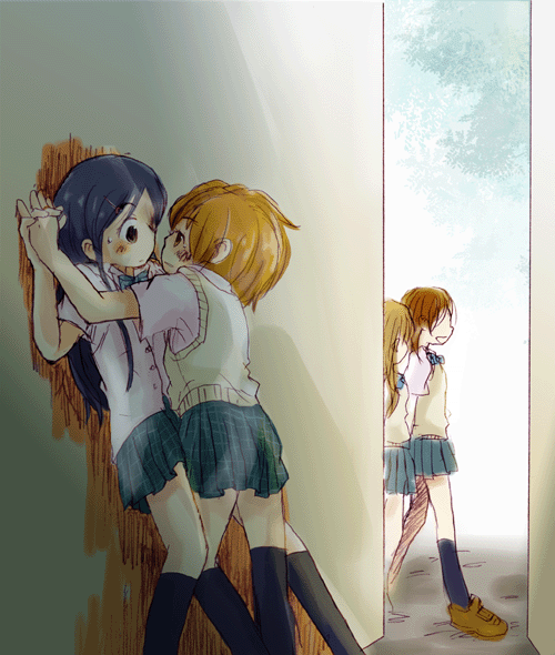 honami yuu, misumi nagisa, yukishiro honoka, futari wa precure, precure, striped neckwear, 00s, 4girls, against wall, blush, bow, bowtie, eye contact, imminent kiss, leg between thighs, long hair, looking at another, multiple girls, orange hair, pleated skirt, purple hair, school uniform, serafuku, short hair, skirt, striped bow, striped bowtie, striped clothes, yuri