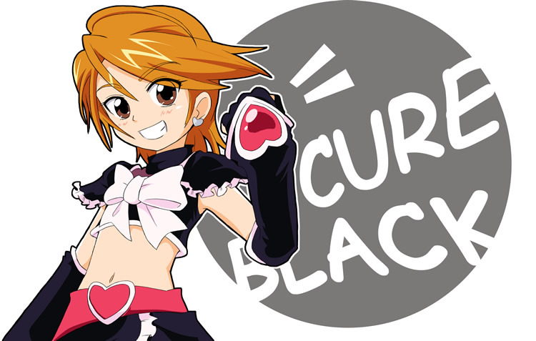 ixy, cure black, misumi nagisa, futari wa precure, precure, 00s, 1girl, brown eyes, character name, earrings, elbow gloves, female focus, gloves, heart, jewelry, magical girl, midriff, orange hair, short hair, solo