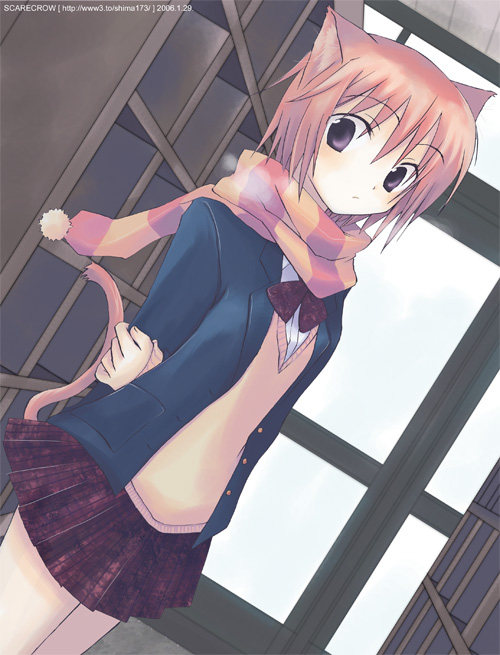 shima tokio, 1girl, 2006, animal ears, arms behind back, blazer, blue jacket, bow, bowtie, breath, cardigan, cat ears, cat tail, cowboy shot, dutch angle, female focus, getabako, jacket, pleated skirt, purple eyes, red skirt, scarf, school uniform, short hair, skirt, solo, tail