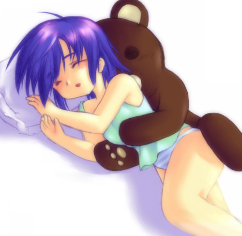 kuma (2ch), lowres, 1girl, blue panties, camisole, closed eyes, cuddling, female focus, from behind, lingerie, loli, lying, no pants, on side, panties, pillow, purple hair, rape, sleeping, solo, striped clothes, striped panties, stuffed animal, stuffed toy, teddy bear, underwear