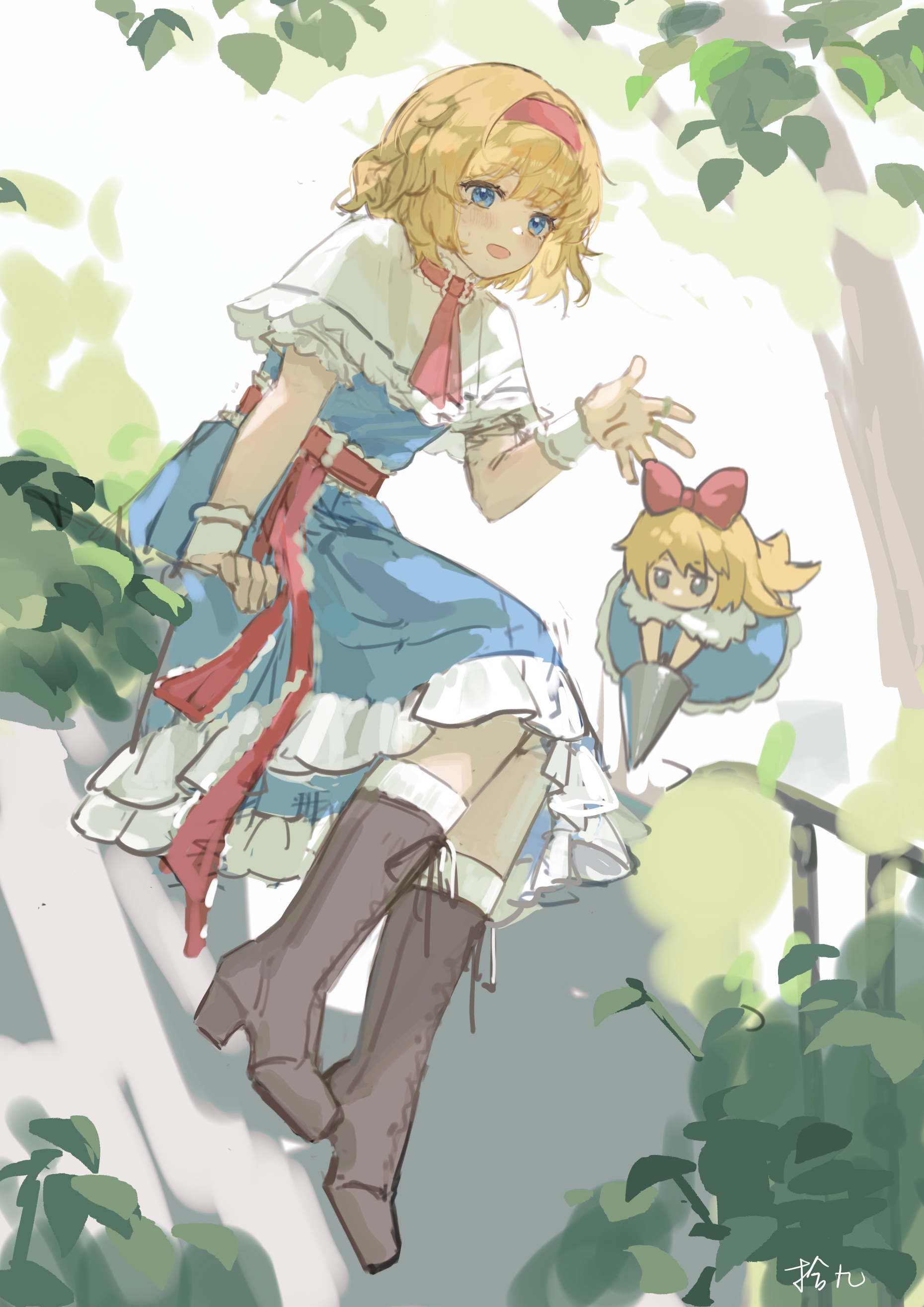 shijiu (shizuoxing), alice margatroid, shanghai doll, touhou, absurdres, highres, 1girl, :d, ascot, blonde hair, blue dress, blue eyes, boots, brown boots, capelet, dress, hairband, jewelry, knee boots, kneehighs, lace-up boots, looking at viewer, open mouth, puppet rings, red ascot, red hairband, red sash, ring, sash, short hair, short sleeves, signature, sitting, smile, socks, white capelet, white socks, wrist cuffs