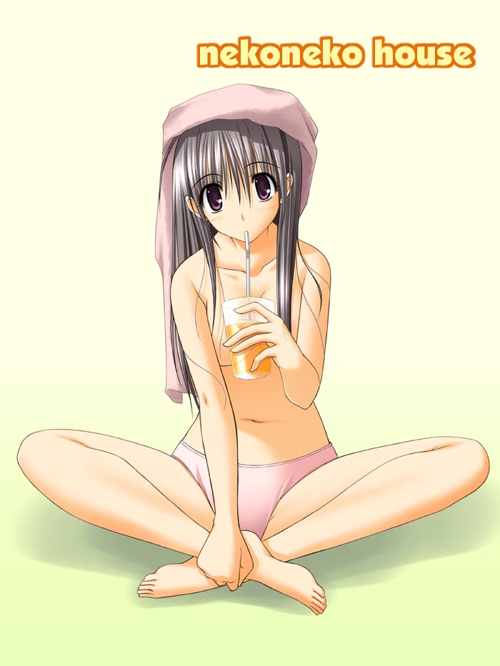 takepon, original, 1girl, barefoot, censored, convenient censoring, crossed legs, drinking straw, feet, female focus, indian style, panties, pink panties, sitting, solo, topless female, towel, towel on head, underwear, underwear only