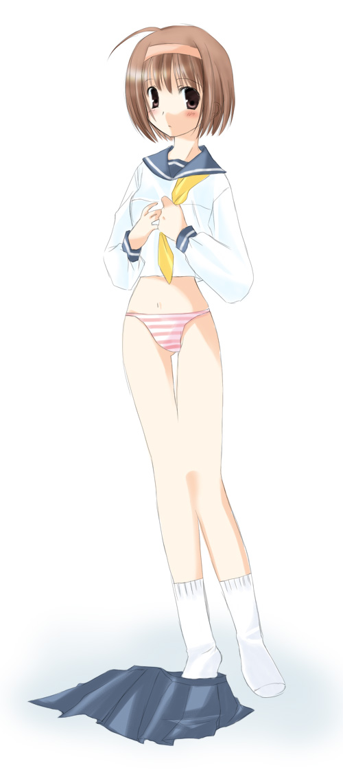 ll (artist), original, 1girl, bad anatomy, bottomless, female focus, hairband, no pants, panties, pink panties, pleated skirt, poorly drawn, school uniform, serafuku, skirt, socks, solo, standing, striped clothes, striped panties, thigh gap, thighs, underwear, undressing