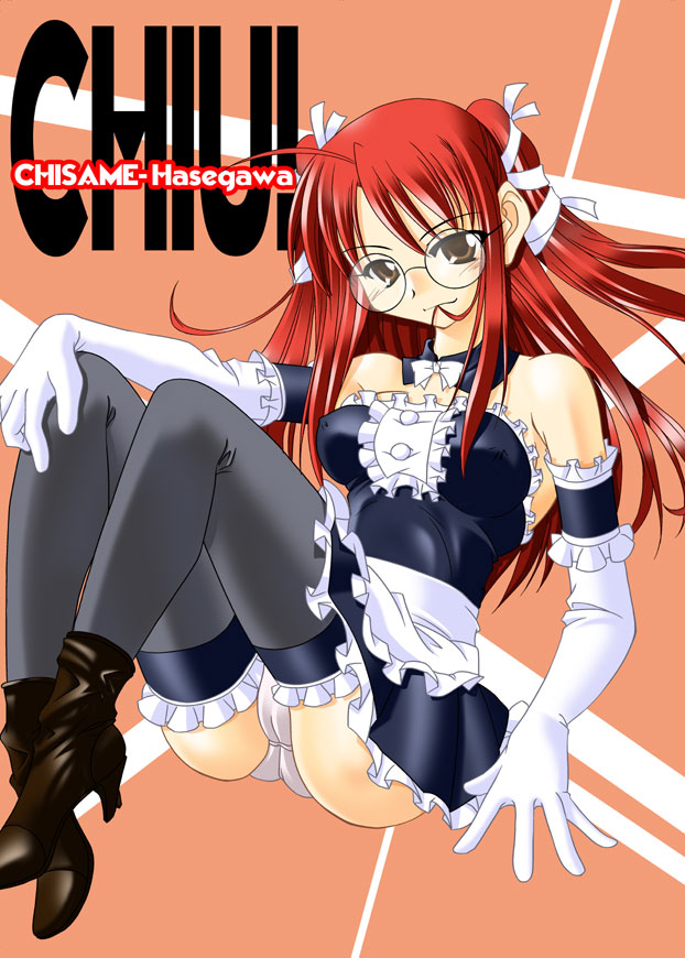 k.m.station, hasegawa chisame, kore ga watashi no goshujin-sama, mahou sensei negima!, 1girl, ahoge, alterego, apron, arm garter, black dress, black thighhighs, boots, breasts, brown eyes, cameltoe, character name, choker, cosplay, covered erect nipples, detached collar, dress, elbow gloves, facing viewer, female focus, frilled thighhighs, frills, full body, glasses, gloves, hair in own mouth, hair ribbon, knees up, lingerie, long hair, looking at viewer, maid, maid apron, medium breasts, nakabayashi yoshitaka's maid uniform, panties, pantyshot, petticoat, red hair, ribbon, sitting, smile, solo, thighhighs, twintails, underwear, white gloves, white panties