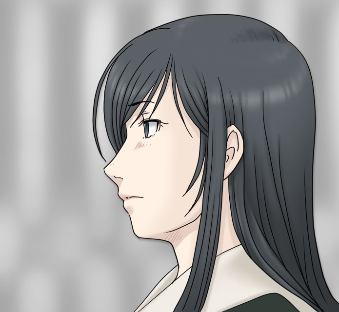 ogino atsushi, ogasawara sachiko, maria-sama ga miteru, looking away, 00s, 1girl, black hair, blue eyes, blurry, close-up, depth of field, female focus, long hair, profile, school uniform, serafuku, sidelocks, solo, swept bangs