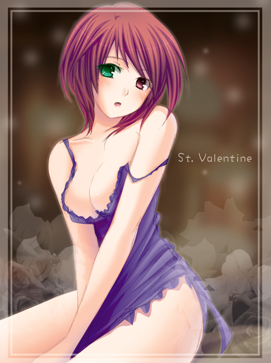 niwatoriya, souseiseki, rozen maiden, 00s, 1girl, breasts, female focus, heterochromia, lingerie, negligee, red hair, short hair, solo, underwear