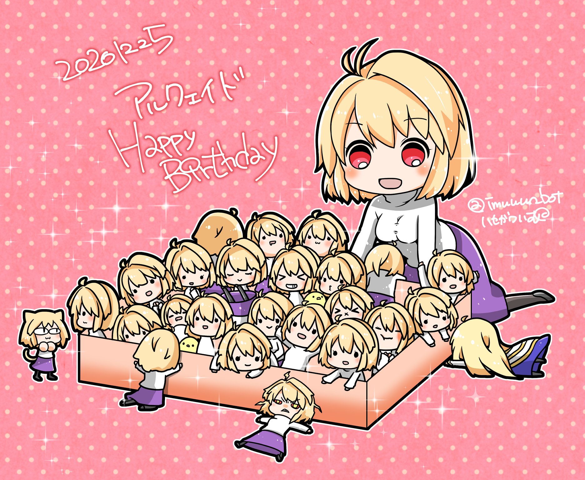 hatayanagi shizuku, archetype earth, arcueid brunestud, neco-arc, red arcueid, melty blood, tsukihime, highres, 6+girls, ahoge, angry, animal ears, blonde hair, blush, box, breasts, cardboard box, cat ears, cat girl, chibi, closed eyes, colored sclera, dress, dual persona, english text, happy birthday, looking at another, mob face, multiple girls, multiple persona, mystic eyes of enchantment, pantyhose, red eyes, red sclera, short hair, smile, sweater, turtleneck, turtleneck sweater, white dress, yellow eyes