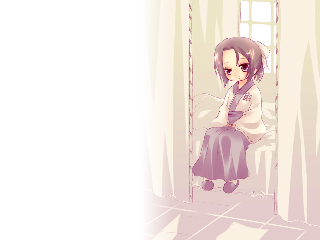 suzuki kokono, original, looking away, 1girl, bed, black hair, blush, bow, female focus, hair bow, indoors, japanese clothes, kimono, long sleeves, mole, mole under mouth, ponytail, purple eyes, room, sitting, slippers, smile, solo, window