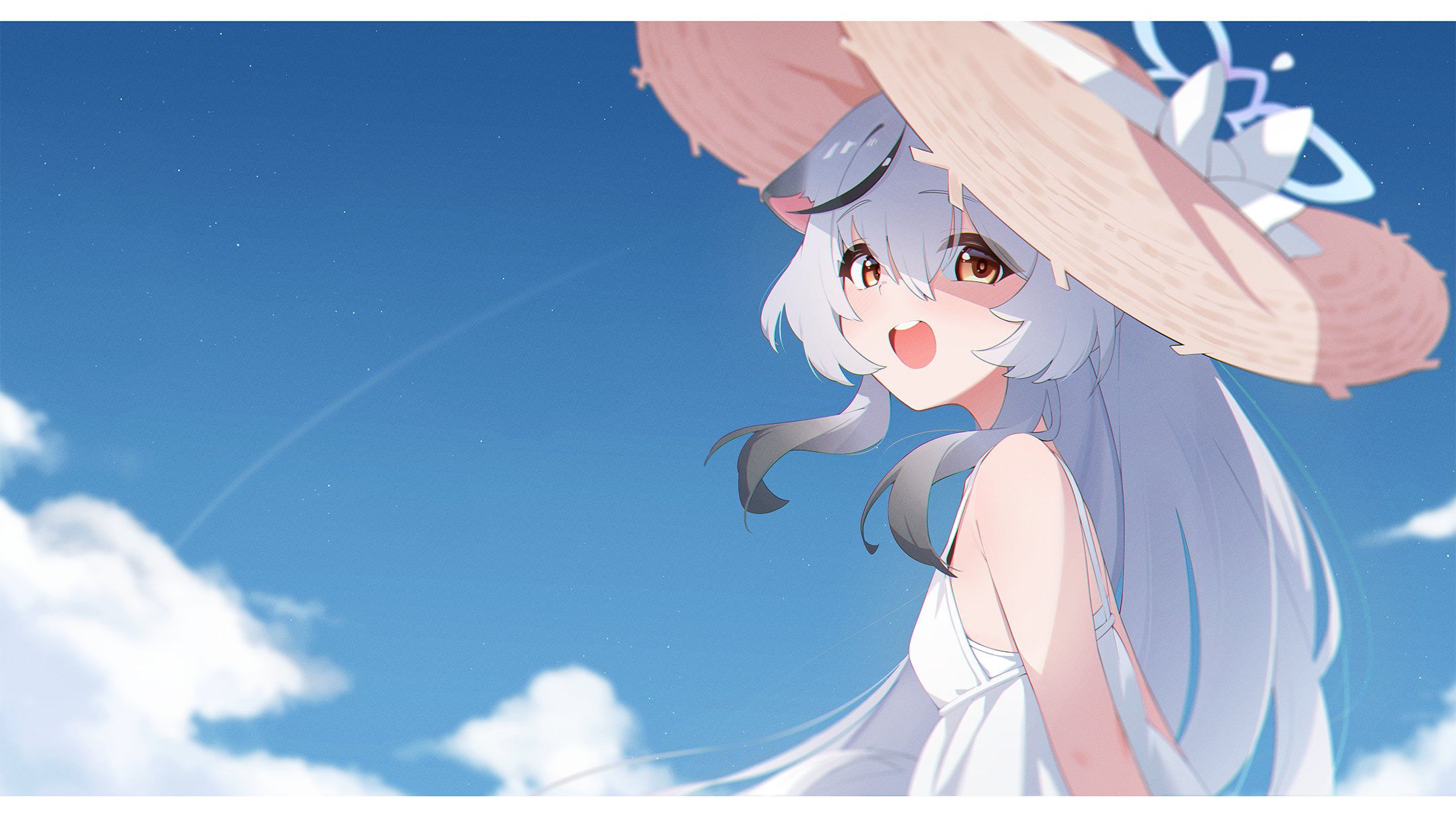 cocokawa (cjsj8353), kokona (blue archive), blue archive, highres, 1girl, alternate costume, animal ears, black streaks, blue halo, blue sky, breasts, brown eyes, cloud, day, dress, grey hair, hair between eyes, halo, hat, long hair, looking at viewer, multicolored hair, open mouth, outdoors, round teeth, sky, small breasts, solo, straw hat, streaked hair, sun hat, sundress, teeth, tiger ears, tiger girl, upper teeth only, very long hair