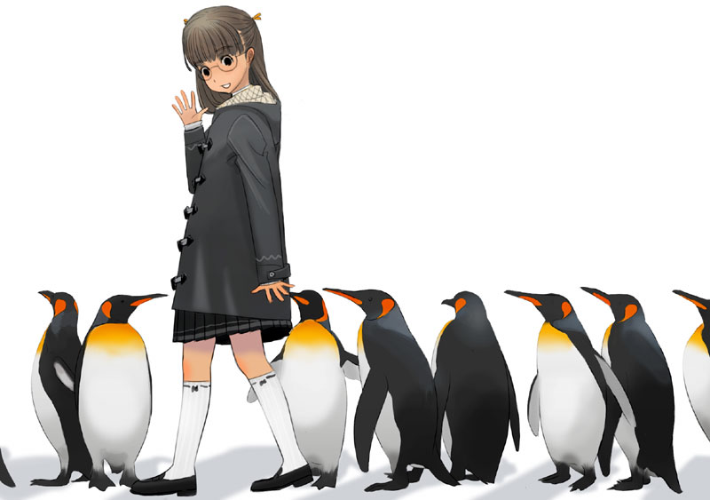 kiriman (souldeep), original, 1girl, bird, brown hair, coat, female focus, glasses, kneehighs, long hair, penguin, pleated skirt, simple background, skirt, socks, solo, white background, white socks