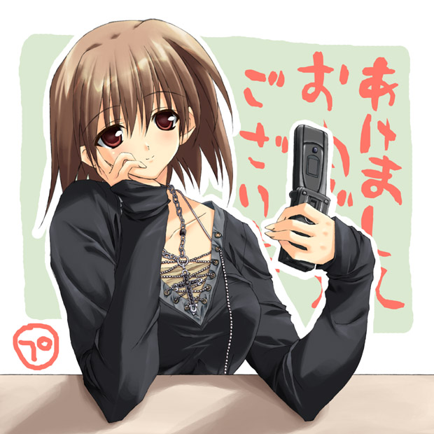 shinya puu, original, 1girl, akeome, bad anatomy, cellphone, female focus, happy new year, new year, phone, solo