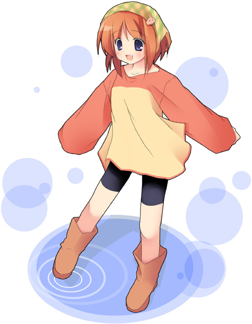 mizoguchi keiji, waha, yamato suzuran, suigetsu, 1girl, :d, bike shorts, blue eyes, blush, boots, brown hair, fang, female focus, flower, full body, green headscarf, headscarf, legs apart, lily of the valley, long sleeves, open mouth, short hair, shorts, simple background, smile, solo, standing, striped edge, water, white background