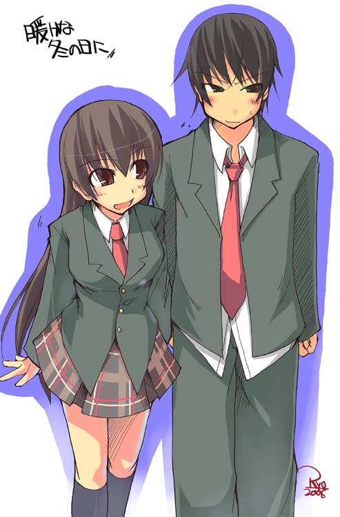 ryo (liver sashi daisuki!), 1boy, 1girl, black hair, blazer, blush, brown hair, jacket, long hair, school uniform, short hair, smile