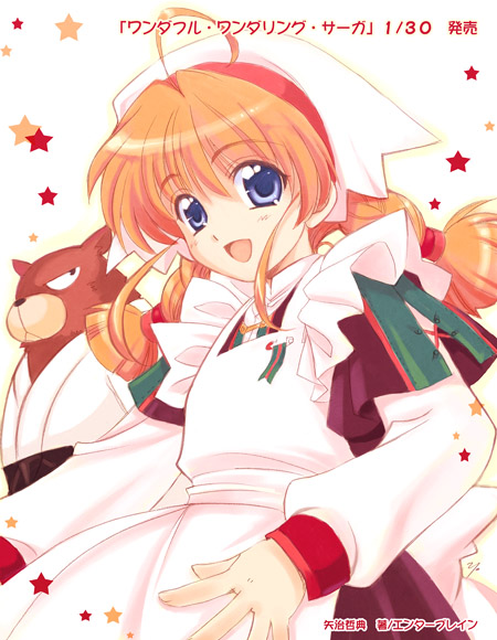 sukapon-do, wonderful wandering saga, 1girl, ahoge, blue eyes, blush, braid, female focus, hat, maid, orange hair, solo, star (symbol), star symbol background, twin braids