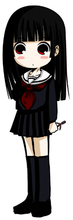 johnmaru, enma ai, jigoku shoujo, lowres, 00s, 1girl, black serafuku, black skirt, blunt bangs, female focus, hime cut, long hair, pleated skirt, school uniform, serafuku, skirt, solo