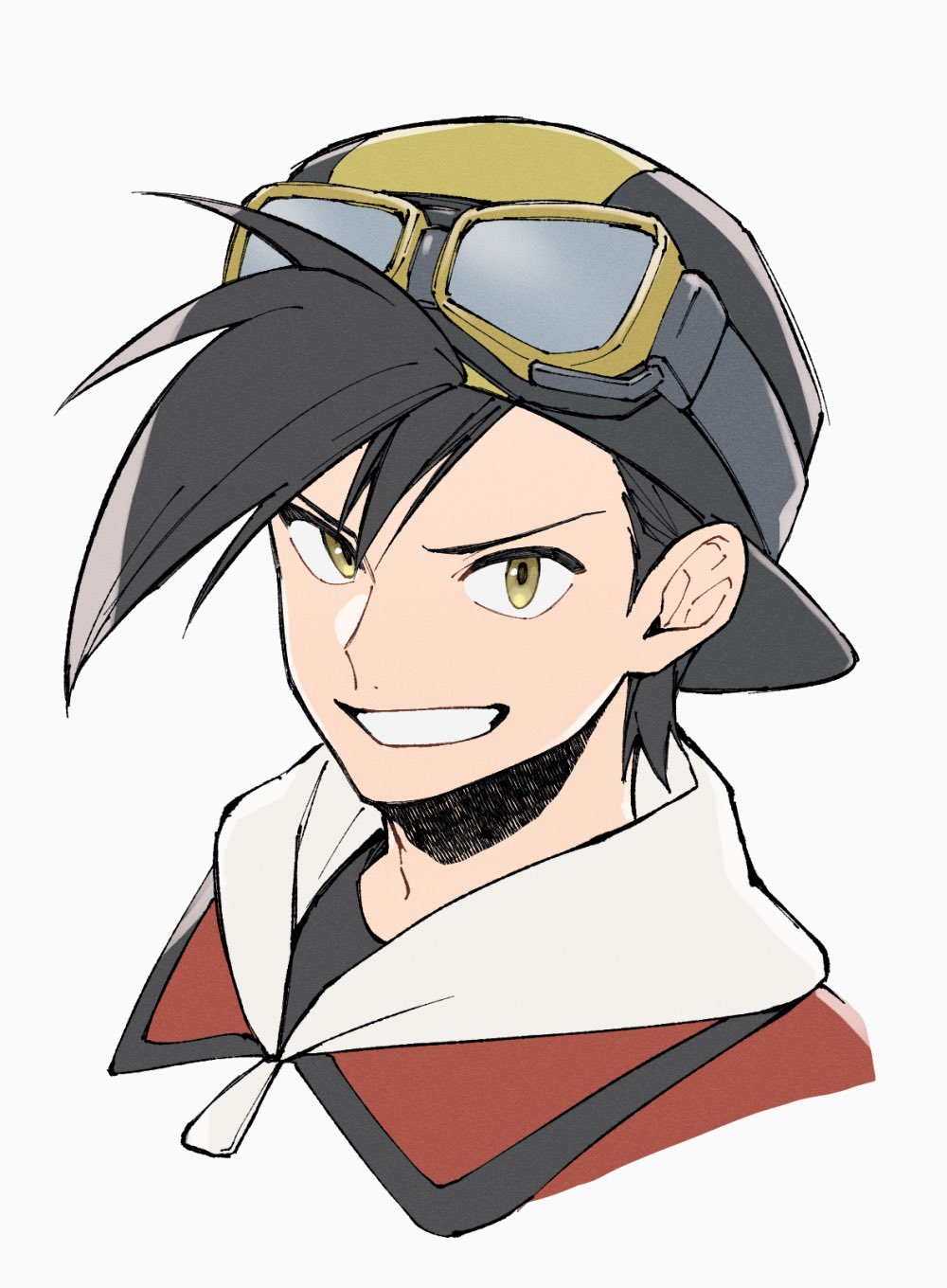 mocollie, ethan (pokemon), nintendo, pokemon, pokemon adventures, commentary request, highres, 1boy, black hair, goggles, goggles on headwear, grin, happy, jacket, looking at viewer, male focus, portrait, red jacket, shirt, short hair, simple background, smile, solo, teeth, white background, yellow eyes