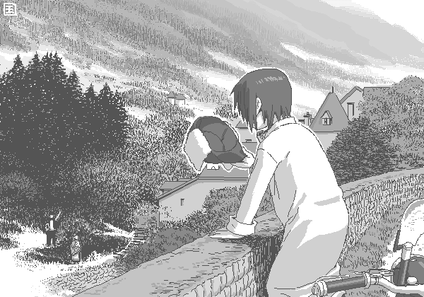 ouya (maboroshimori), hermes (kino no tabi), kino (kino no tabi), kino no tabi, 00s, 1girl, androgynous, coat, fur hat, greyscale, hat, kinonotabi, landscape, monochrome, outdoors, pixel art, reverse trap, short hair, slice of life, tomboy, waving