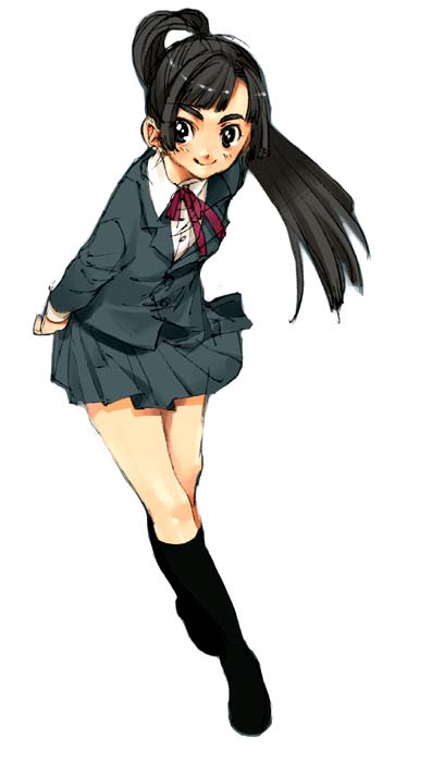 1girl, black hair, blazer, female focus, jacket, kneehighs, pleated skirt, ponytail, school uniform, skirt, smile, socks, solo