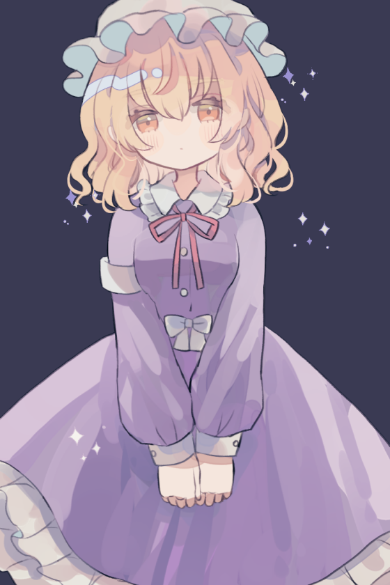 hiyuu (hiyualice), maribel hearn, touhou, 1girl, black background, blonde hair, cowboy shot, dress, frilled shirt collar, frills, hat, long sleeves, looking at viewer, medium hair, mob cap, neck ribbon, puffy long sleeves, puffy sleeves, purple dress, ribbon, solo, white hat, yellow eyes