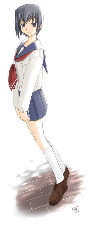 tsuina, original, 1girl, female focus, pleated skirt, school uniform, serafuku, simple background, skirt, socks, solo, white background