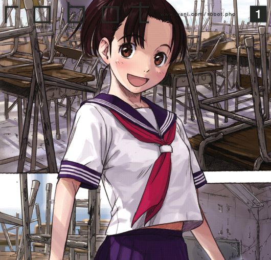 naruko hanaharu, robot (manga), 1girl, blush, brown eyes, brown hair, classroom, female focus, indoors, open mouth, pleated skirt, robot, school, school uniform, serafuku, short hair, skirt, solo