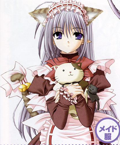 nishimata aoi, primula, shuffle!, official art, 00s, 1girl, animal ears, apron, bell, bow, cat ears, cat tail, female focus, hairband, jingle bell, juliet sleeves, lolita hairband, long hair, long sleeves, maid, maid apron, puffy sleeves, ribbon trim, solo, stuffed animal, stuffed cat, stuffed toy, tail, tail bell, tail bow, tail ornament