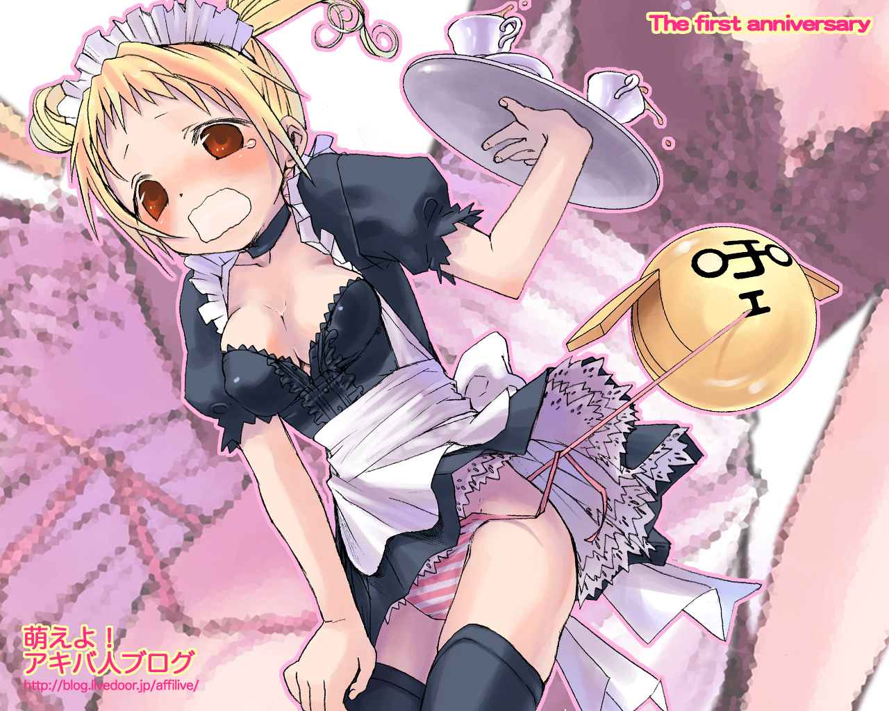 kuroda bb, fii-tan, fii-tan the figure, 1girl, apron, assisted exposure, black dress, black thighhighs, blonde hair, blush, breasts, cleavage, clothes theft, dress, embarrassed, female focus, headdress, lingerie, maid, maid apron, panties, petticoat, red eyes, red panties, side-tie panties, solo, striped clothes, striped panties, tears, theft, thighhighs, underwear, underwear theft, untied panties, untying, upskirt