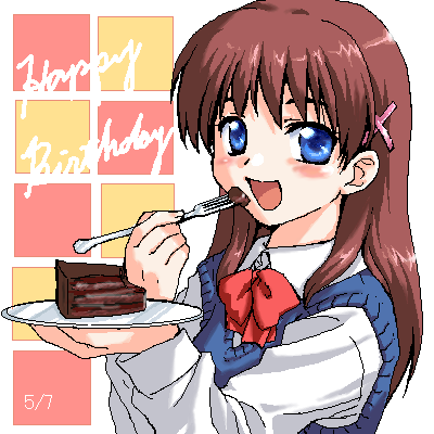 misaki juri, yuzuki shiiko, one – kagayaku kisetsu e, lowres, 00s, 1girl, birthday, blouse, blue eyes, blush, brown hair, cake, collared shirt, eating, female focus, food, fork, oekaki, pastry, plate, school uniform, serafuku, shirt, solo, white shirt