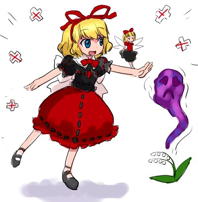 hirosato, medicine melancholy, su-san, touhou, lowres, 1girl, blonde hair, blue eyes, bubble skirt, doll, dress, female focus, flower, ghost, lily of the valley, skirt, solo