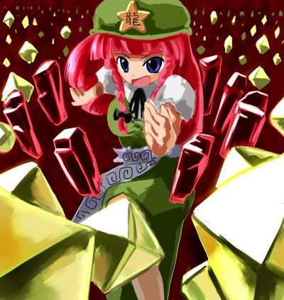 hong meiling, touhou, shatter, lowres, 1girl, blue eyes, bow, braid, china dress, chinese clothes, chop, crystal, dress, female focus, hair bow, hat, long hair, open mouth, pink hair, solo, star (symbol), twin braids
