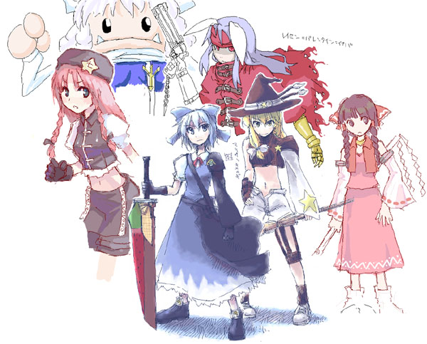 cirno, hakurei reimu, hong meiling, kirisame marisa, letty whiterock, reisen udongein inaba, advent cirno, final fantasy, final fantasy vii, final fantasy vii advent children, touhou, 5girls, advent reisen, animal ears, apron, ascot, blonde hair, blue eyes, blue hair, bow, braid, broom, brown eyes, brown hair, china dress, chinese clothes, crossover, detached sleeves, dress, fang, gloves, gohei, gun, hair bow, hat, hat bow, jacket, japanese clothes, long hair, miko, multiple girls, parody, pink hair, purple hair, rabbit ears, shoes, short hair, shorts, sneakers, star (symbol), sword, twin braids, weapon, wings, witch, witch hat, yellow eyes