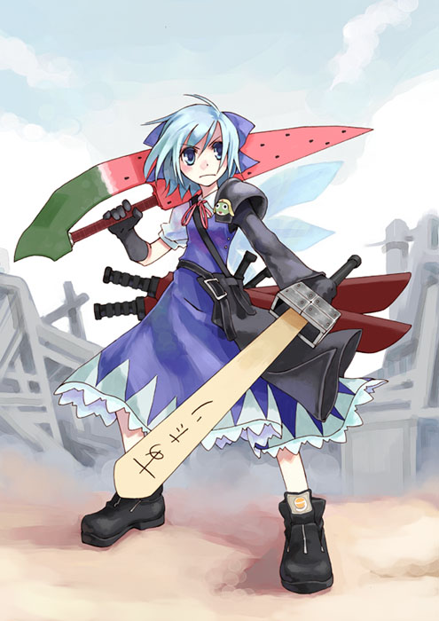 ushiki yoshitaka, cirno, advent cirno, final fantasy, final fantasy vii, final fantasy vii advent children, touhou, 1girl, asymmetrical dual wielding, blue eyes, blue hair, dual wielding, female focus, food, fruit, holding, matching hair/eyes, outdoors, parody, popsicle stick, sky, solo, sword, sword on back, watermelon, weapon, weapon on back