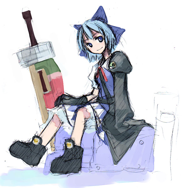 cirno, advent cirno, final fantasy, final fantasy vii, final fantasy vii advent children, touhou, 1girl, blue eyes, blue hair, bow, coat, female focus, full body, hair ribbon, matching hair/eyes, parody, ribbon, shoes, short hair, sitting, smile, solo, sword, weapon, white background