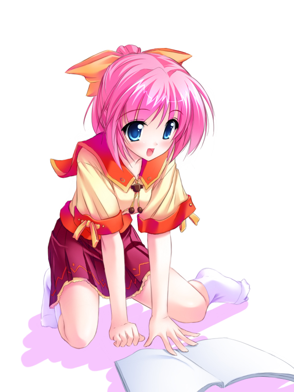 tenmaso, 1girl, blue eyes, book, female focus, open mouth, pink hair, ponytail, ribbon, school uniform, serafuku, simple background, skirt, socks, solo