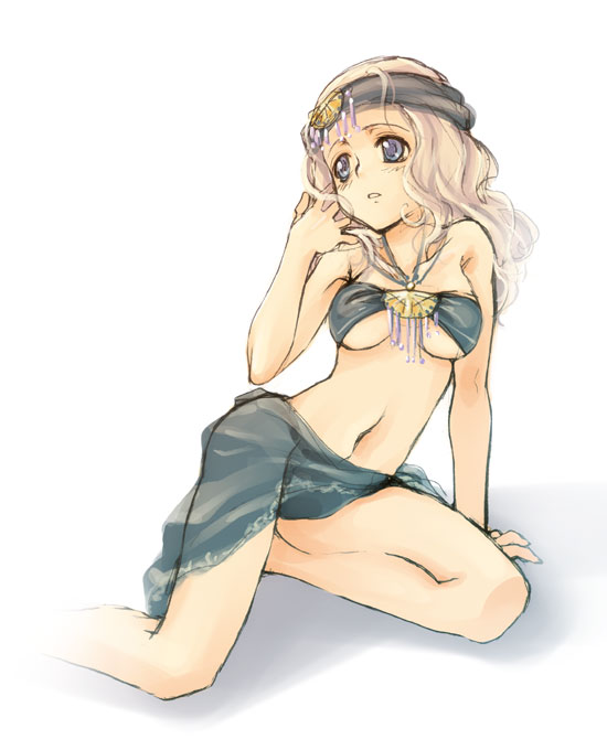 torazou, original, 1girl, blonde hair, breasts, female focus, headdress, jewelry, legs, long hair, necklace, purple eyes, purple hair, see-through clothes, solo, underboob